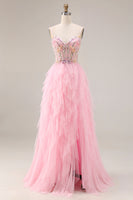 Load image into Gallery viewer, Sparkly Pink A Line Beaded Corset Maxi Prom Dress with Slit