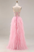 Load image into Gallery viewer, Sparkly Pink A Line Beaded Corset Maxi Prom Dress with Slit