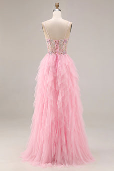 Sparkly Pink A Line Beaded Corset Maxi Prom Dress with Slit