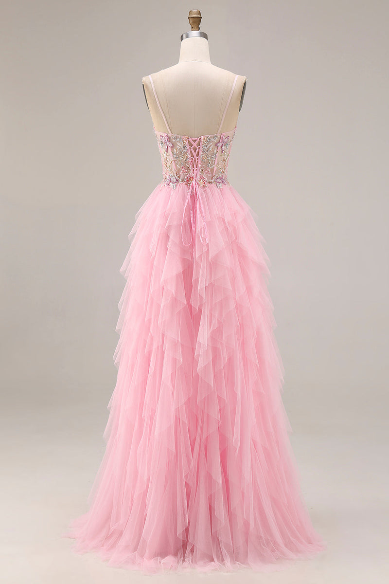 Load image into Gallery viewer, Sparkly Pink A Line Beaded Corset Maxi Prom Dress with Slit