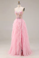 Load image into Gallery viewer, Sparkly Pink A Line Beaded Corset Maxi Prom Dress with Slit