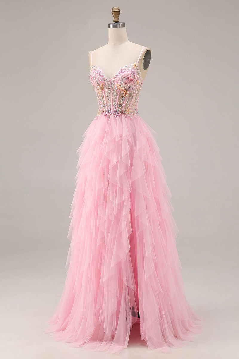 Load image into Gallery viewer, Sparkly Pink A Line Beaded Corset Maxi Prom Dress with Slit