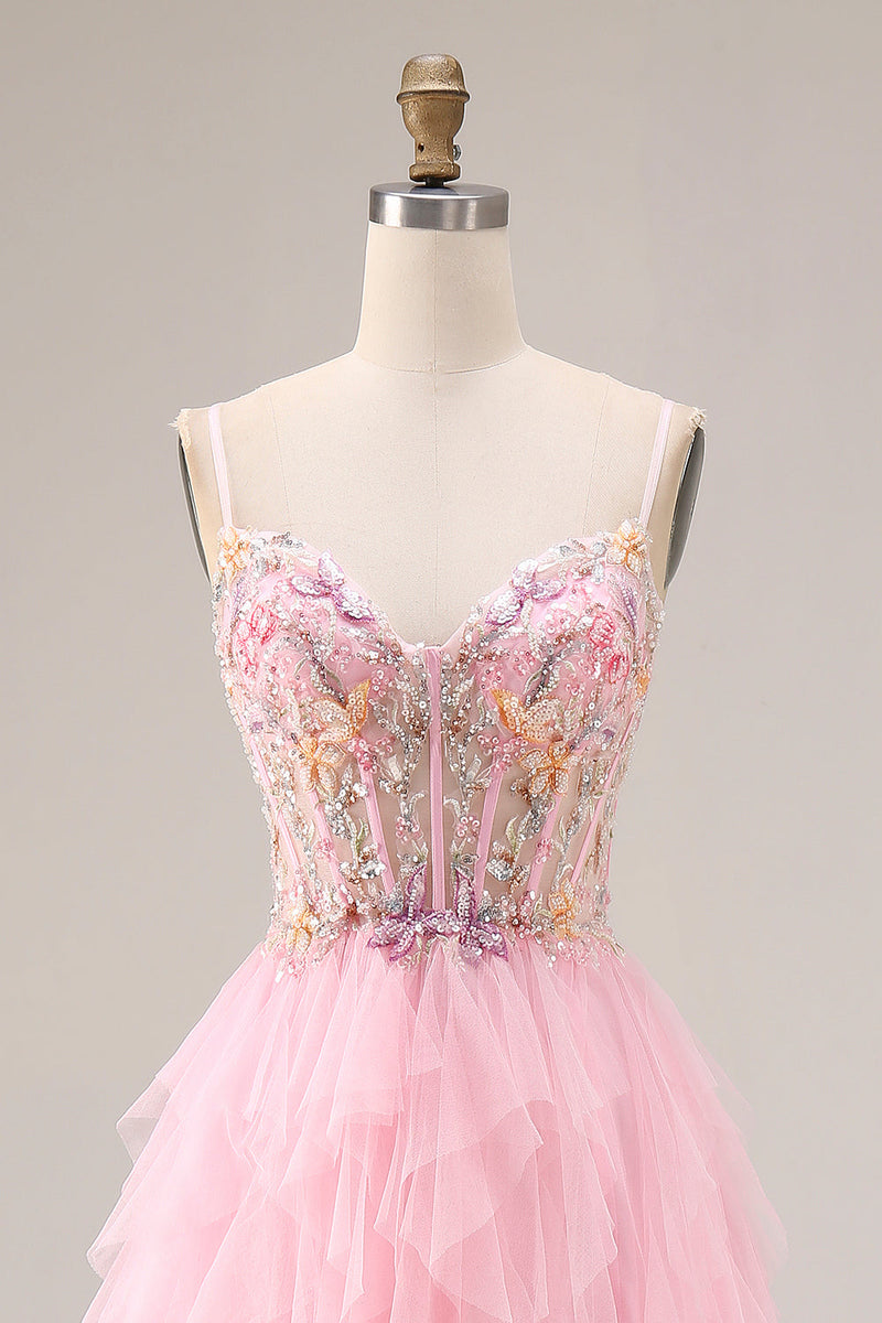 Load image into Gallery viewer, Sparkly Pink A Line Beaded Corset Maxi Prom Dress with Slit