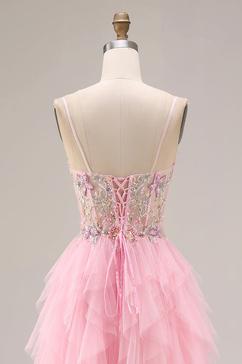 Load image into Gallery viewer, Sparkly Pink A Line Beaded Corset Maxi Prom Dress with Slit