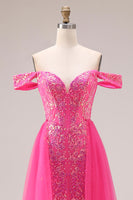 Load image into Gallery viewer, Sparkly Floral Mermaid Fuchsia Off the Shoulder Long Prom Dress with Cape