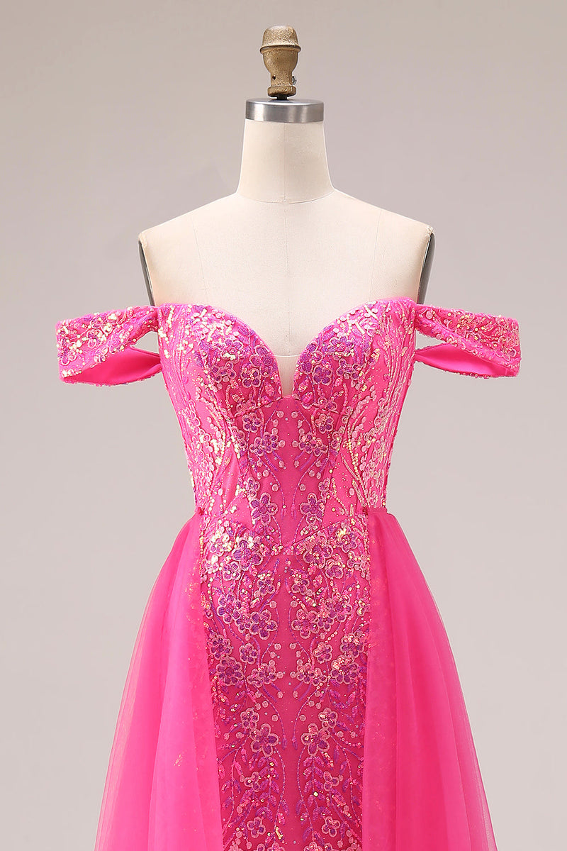 Load image into Gallery viewer, Sparkly Floral Mermaid Fuchsia Off the Shoulder Long Prom Dress with Cape