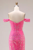 Load image into Gallery viewer, Sparkly Floral Mermaid Fuchsia Off the Shoulder Long Prom Dress with Cape