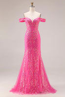 Load image into Gallery viewer, Sparkly Floral Mermaid Fuchsia Off the Shoulder Long Prom Dress with Cape