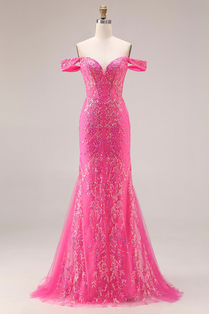Load image into Gallery viewer, Sparkly Floral Mermaid Fuchsia Off the Shoulder Long Prom Dress with Cape