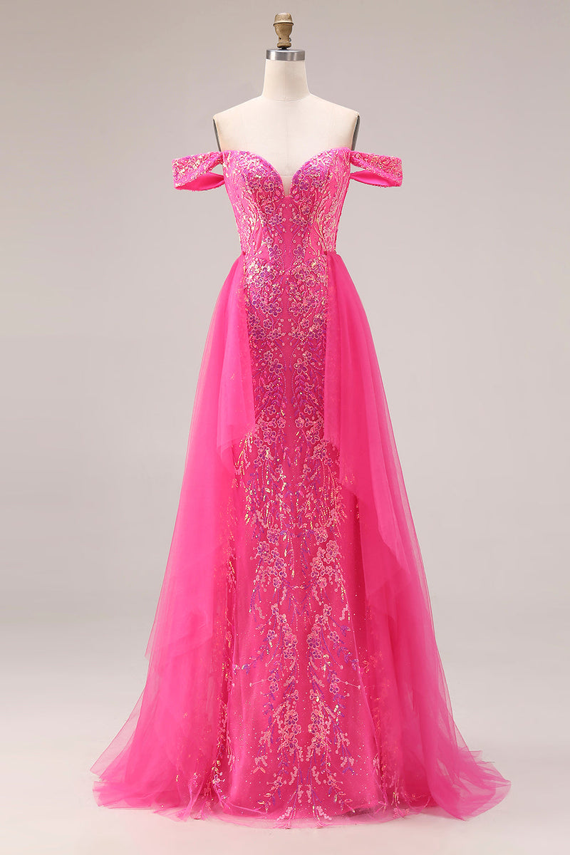 Load image into Gallery viewer, Sparkly Floral Mermaid Fuchsia Off the Shoulder Long Prom Dress with Cape