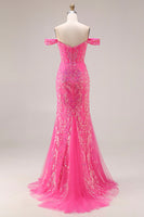 Load image into Gallery viewer, Sparkly Floral Mermaid Fuchsia Off the Shoulder Long Prom Dress with Cape