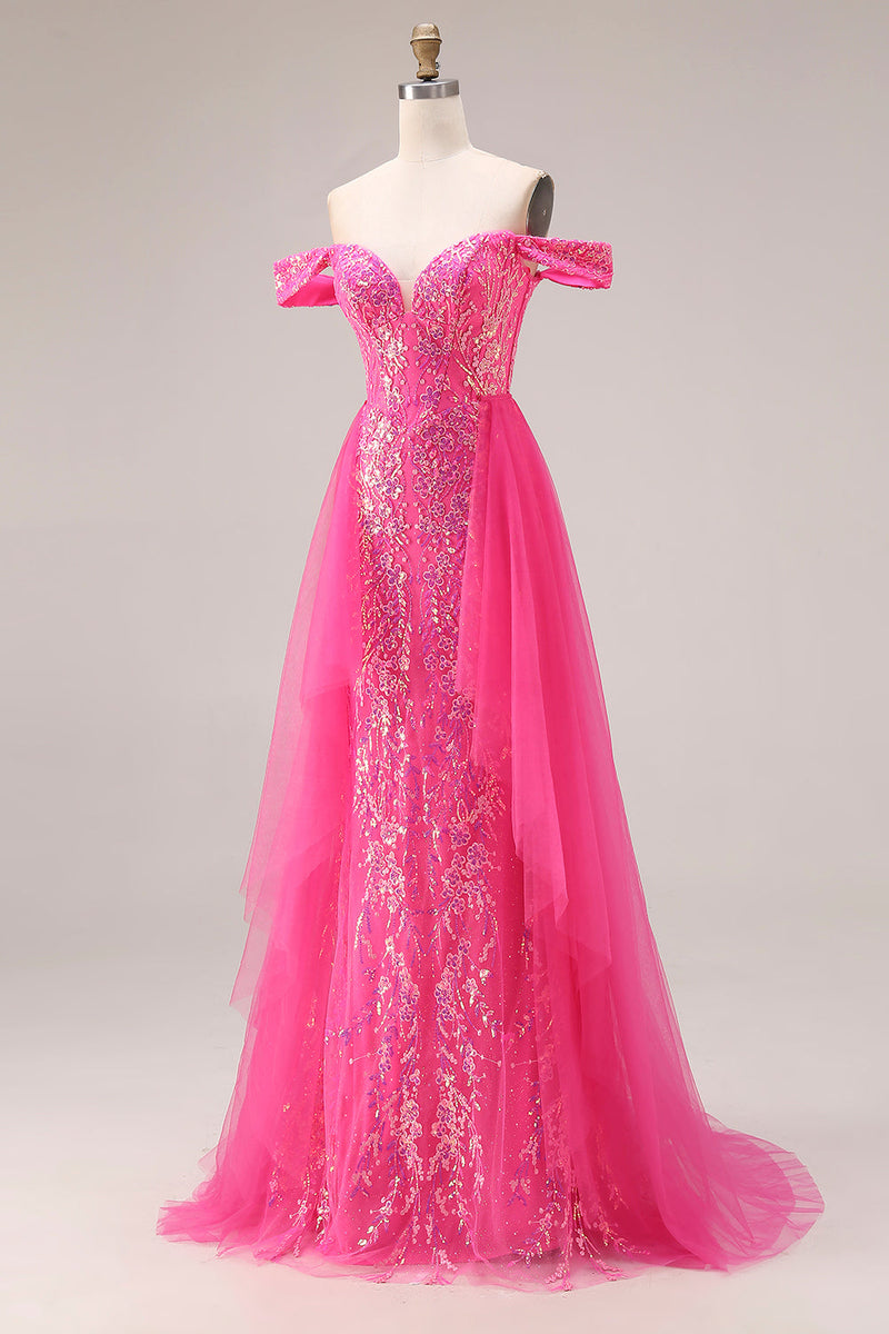 Load image into Gallery viewer, Sparkly Floral Mermaid Fuchsia Off the Shoulder Long Prom Dress with Cape