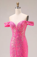 Load image into Gallery viewer, Sparkly Floral Mermaid Fuchsia Off the Shoulder Long Prom Dress with Cape