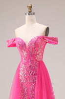 Load image into Gallery viewer, Sparkly Floral Mermaid Fuchsia Off the Shoulder Long Prom Dress with Cape