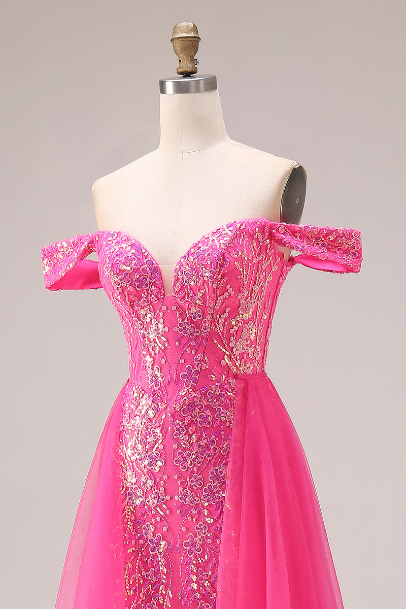 Load image into Gallery viewer, Sparkly Floral Mermaid Fuchsia Off the Shoulder Long Prom Dress with Cape
