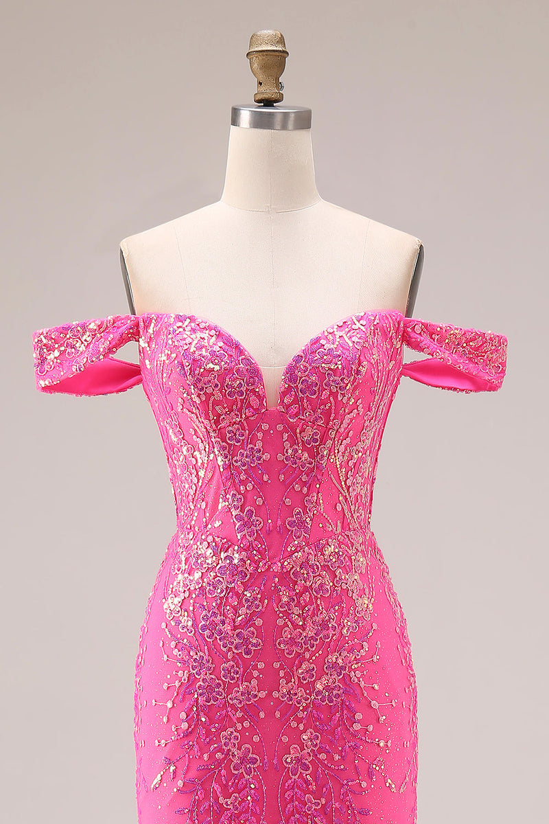 Load image into Gallery viewer, Sparkly Floral Mermaid Fuchsia Off the Shoulder Long Prom Dress with Cape