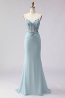 Load image into Gallery viewer, Dusty Blue Mermaid Beaded Corset Spaghetti Straps Long Prom Dress