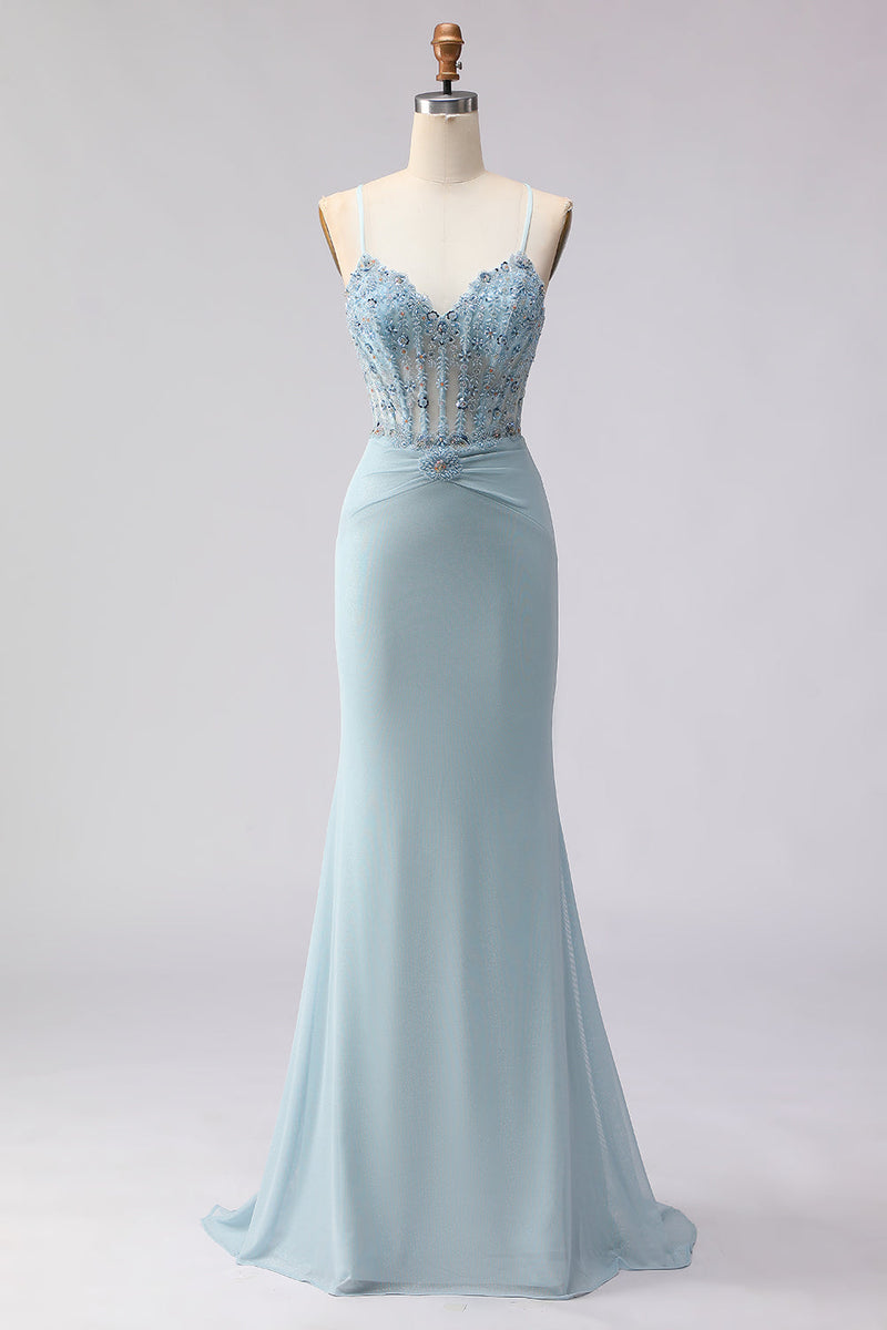 Load image into Gallery viewer, Dusty Blue Mermaid Beaded Corset Spaghetti Straps Long Prom Dress