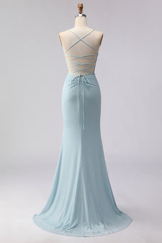 Dusty Blue Mermaid Beaded Corset Spaghetti Straps Long Prom Dress