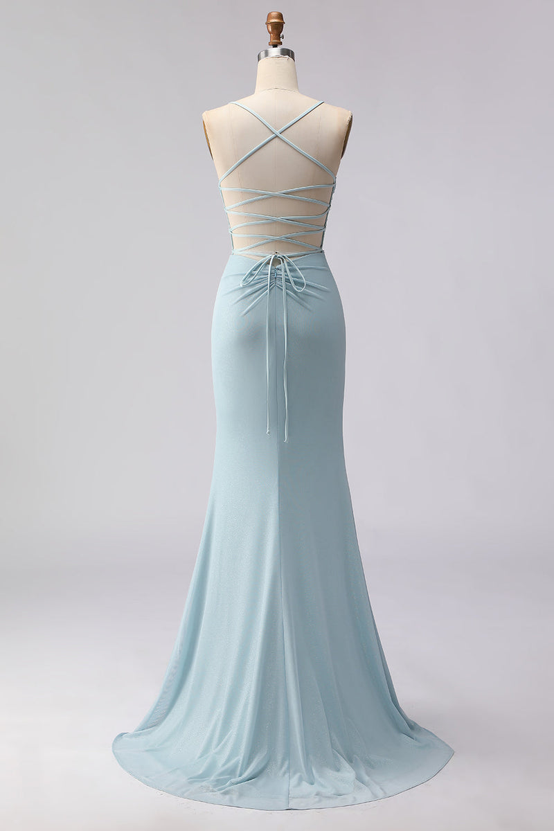 Load image into Gallery viewer, Dusty Blue Mermaid Beaded Corset Spaghetti Straps Long Prom Dress