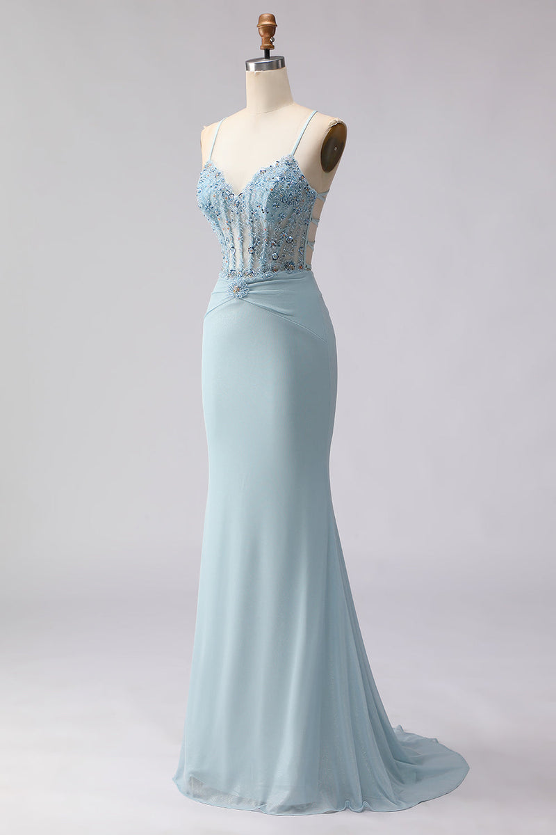 Load image into Gallery viewer, Dusty Blue Mermaid Beaded Corset Spaghetti Straps Long Prom Dress