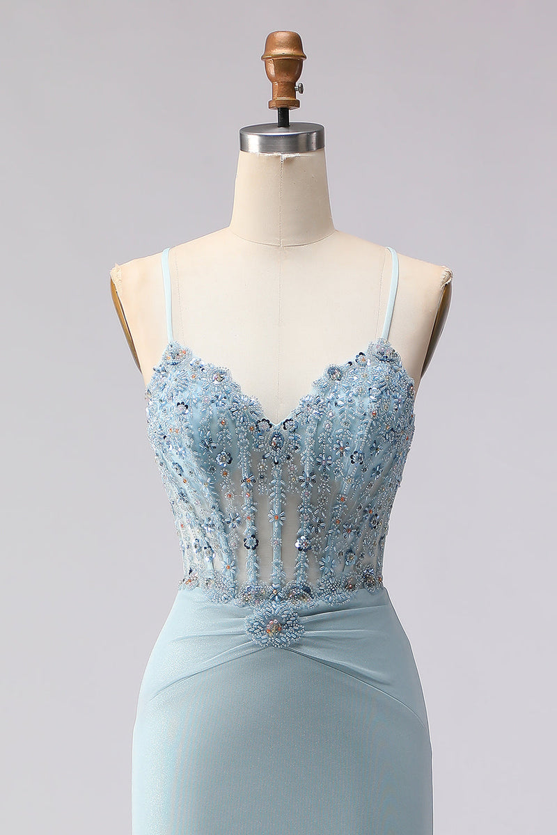 Load image into Gallery viewer, Dusty Blue Mermaid Beaded Corset Spaghetti Straps Long Prom Dress