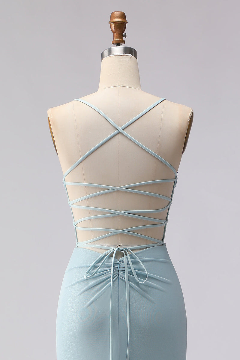 Load image into Gallery viewer, Dusty Blue Mermaid Beaded Corset Spaghetti Straps Long Prom Dress