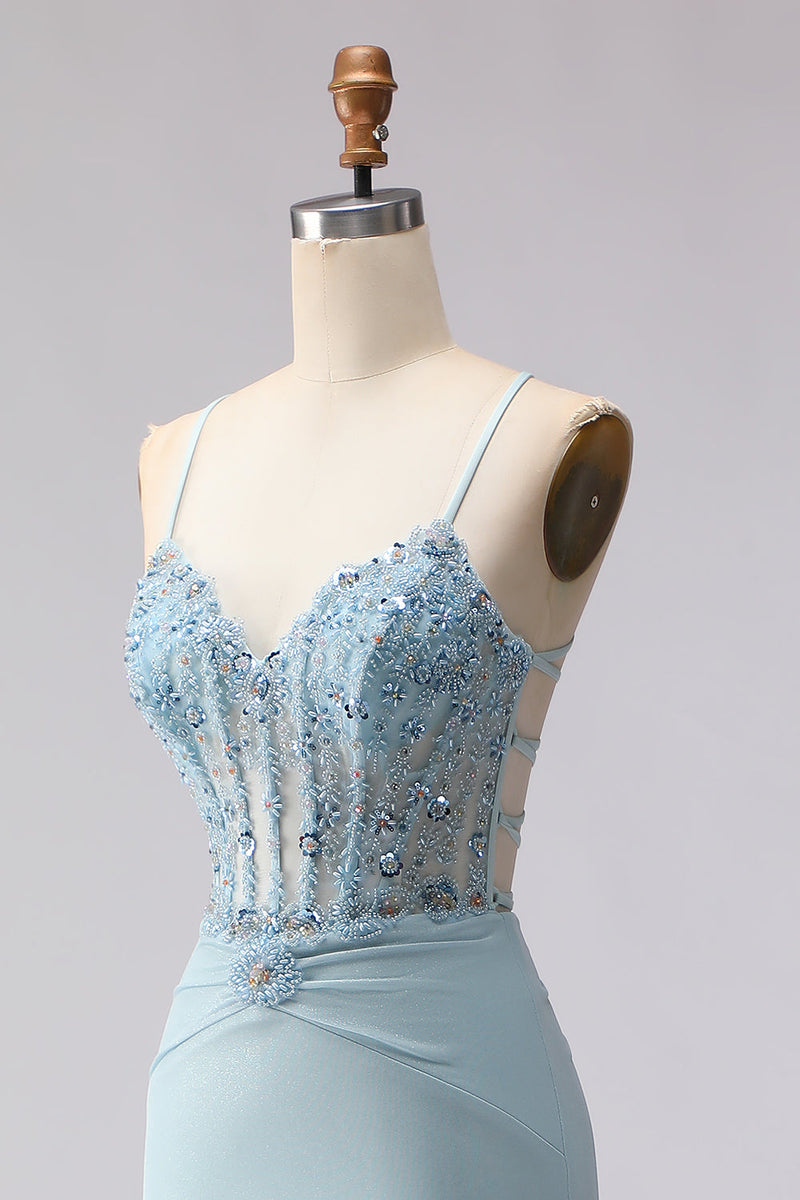 Load image into Gallery viewer, Dusty Blue Mermaid Beaded Corset Spaghetti Straps Long Prom Dress