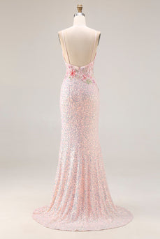 Sparkly Pink Floral Mermaid Corset Sequins Spaghetti Straps Long Prom Dress