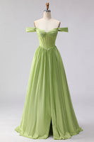Load image into Gallery viewer, Green A Line Off the Shoulder Corset Long Prom Dress with Slit