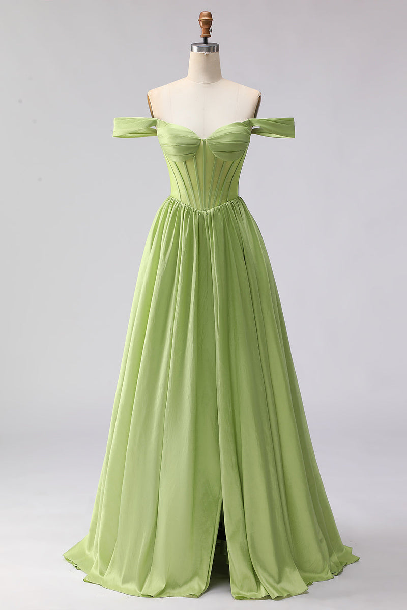 Load image into Gallery viewer, Green A Line Off the Shoulder Corset Long Prom Dress with Slit