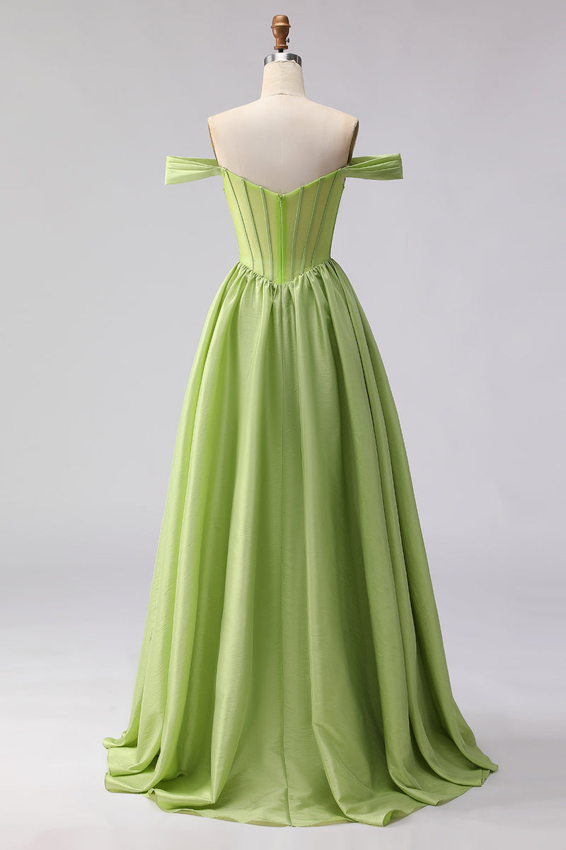 Load image into Gallery viewer, Green A Line Off the Shoulder Corset Long Prom Dress with Slit
