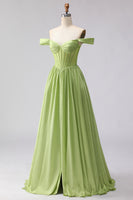 Load image into Gallery viewer, Green A Line Off the Shoulder Corset Long Prom Dress with Slit