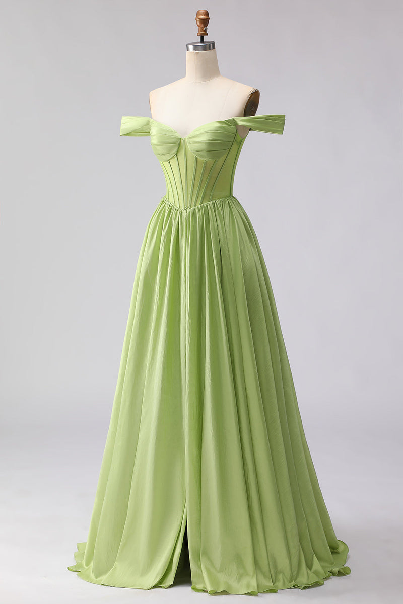 Load image into Gallery viewer, Green A Line Off the Shoulder Corset Long Prom Dress with Slit
