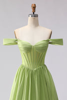 Load image into Gallery viewer, Green A Line Off the Shoulder Corset Long Prom Dress with Slit