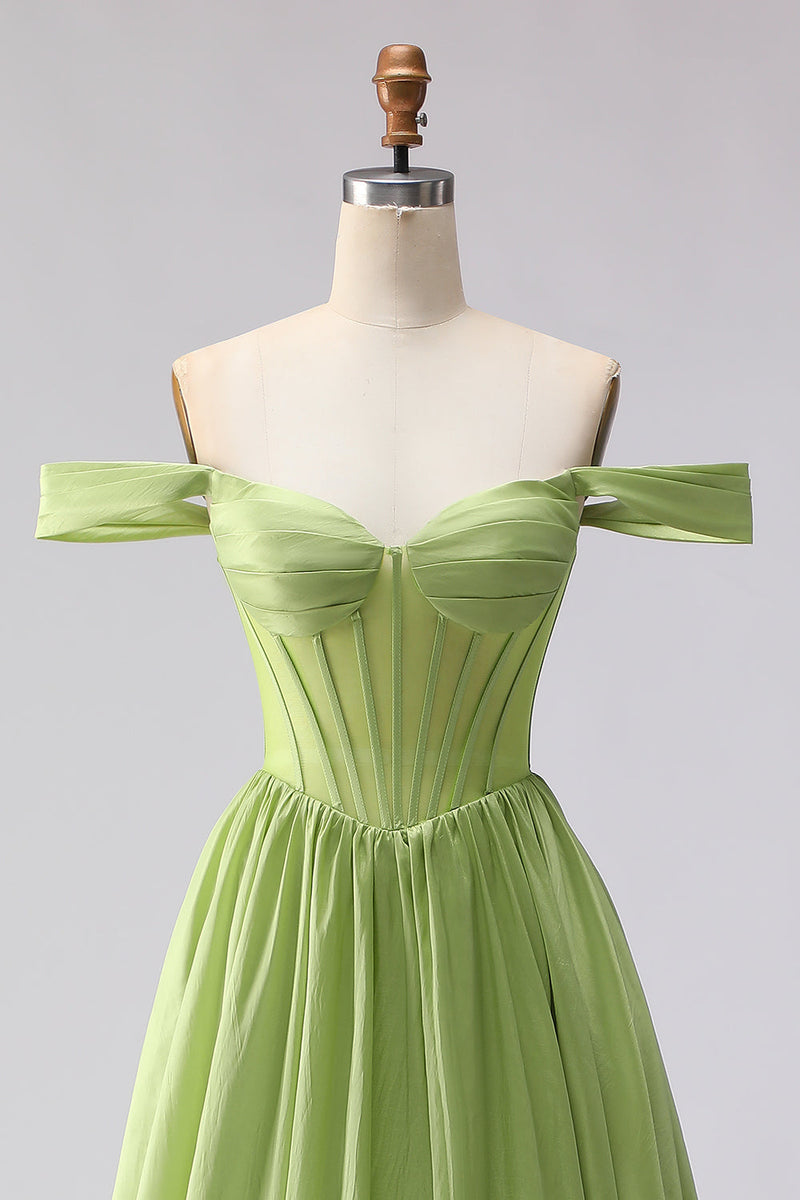 Load image into Gallery viewer, Green A Line Off the Shoulder Corset Long Prom Dress with Slit