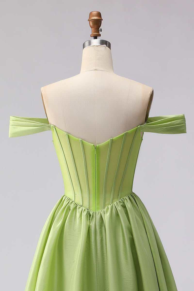 Load image into Gallery viewer, Green A Line Off the Shoulder Corset Long Prom Dress with Slit