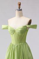 Load image into Gallery viewer, Green A Line Off the Shoulder Corset Long Prom Dress with Slit