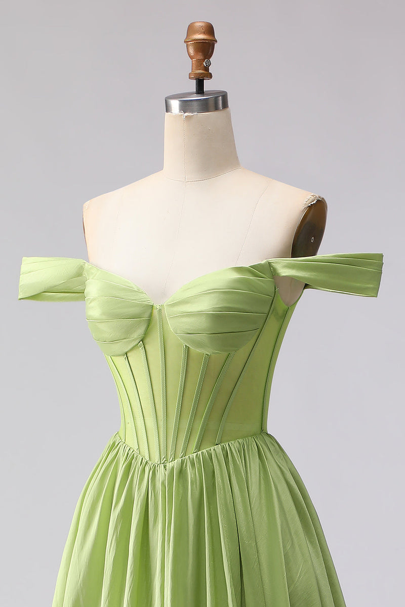 Load image into Gallery viewer, Green A Line Off the Shoulder Corset Long Prom Dress with Slit