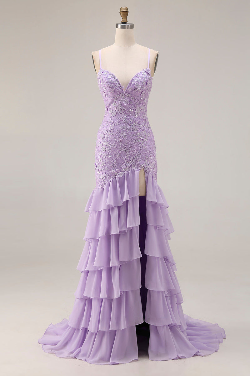 Load image into Gallery viewer, Floral Purple Ruffled Mermaid Spaghetti Straps Long Prom Dress