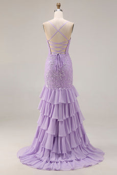 Floral Purple Ruffled Mermaid Spaghetti Straps Long Prom Dress