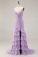 Load image into Gallery viewer, Floral Purple Ruffled Mermaid Spaghetti Straps Long Prom Dress