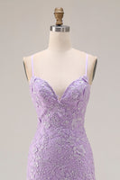 Load image into Gallery viewer, Floral Purple Ruffled Mermaid Spaghetti Straps Long Prom Dress
