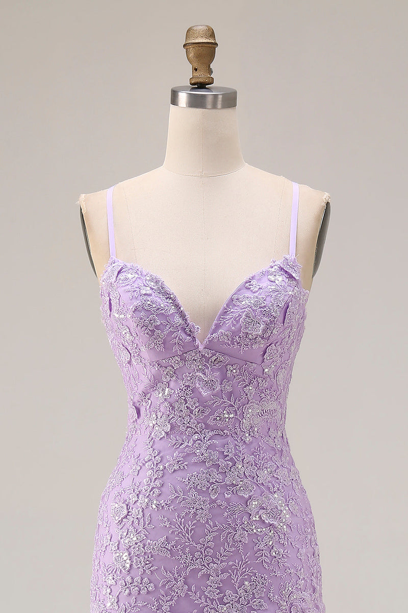 Load image into Gallery viewer, Floral Purple Ruffled Mermaid Spaghetti Straps Long Prom Dress