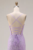 Load image into Gallery viewer, Floral Purple Ruffled Mermaid Spaghetti Straps Long Prom Dress