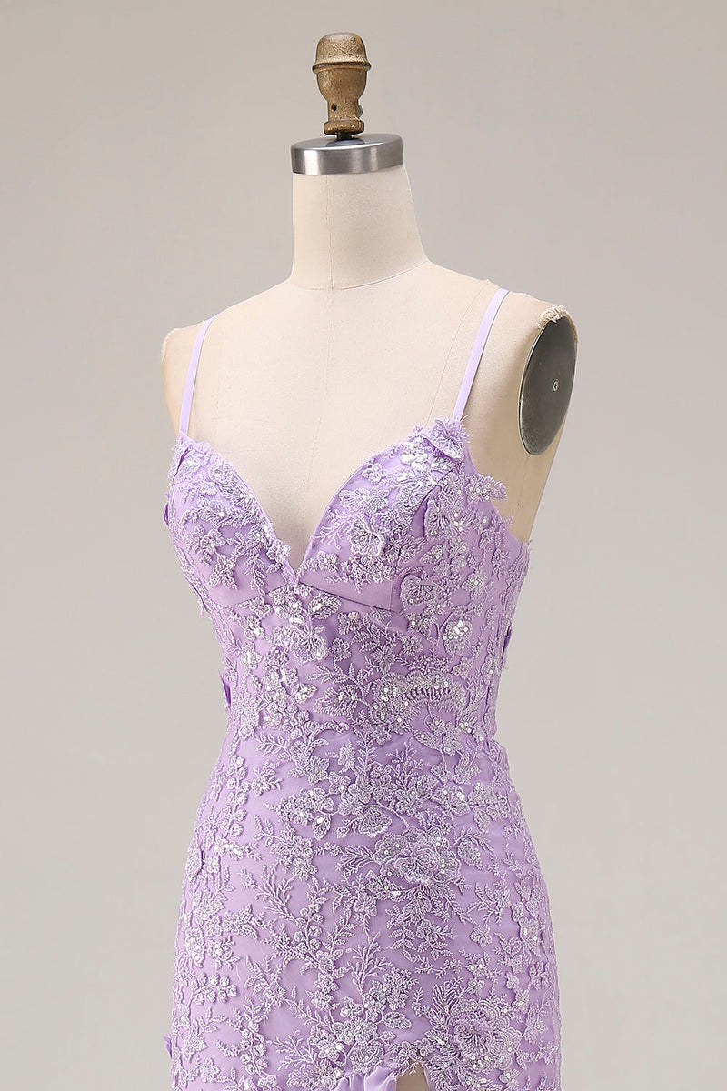Load image into Gallery viewer, Floral Purple Ruffled Mermaid Spaghetti Straps Long Prom Dress