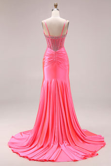Sparkly Bright Pink Mermaid Corset Ruched Long Prom Dress with Slit