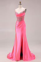 Load image into Gallery viewer, Sparkly Bright Pink Mermaid Corset Ruched Long Prom Dress with Slit