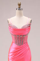 Load image into Gallery viewer, Sparkly Bright Pink Mermaid Corset Ruched Long Prom Dress with Slit