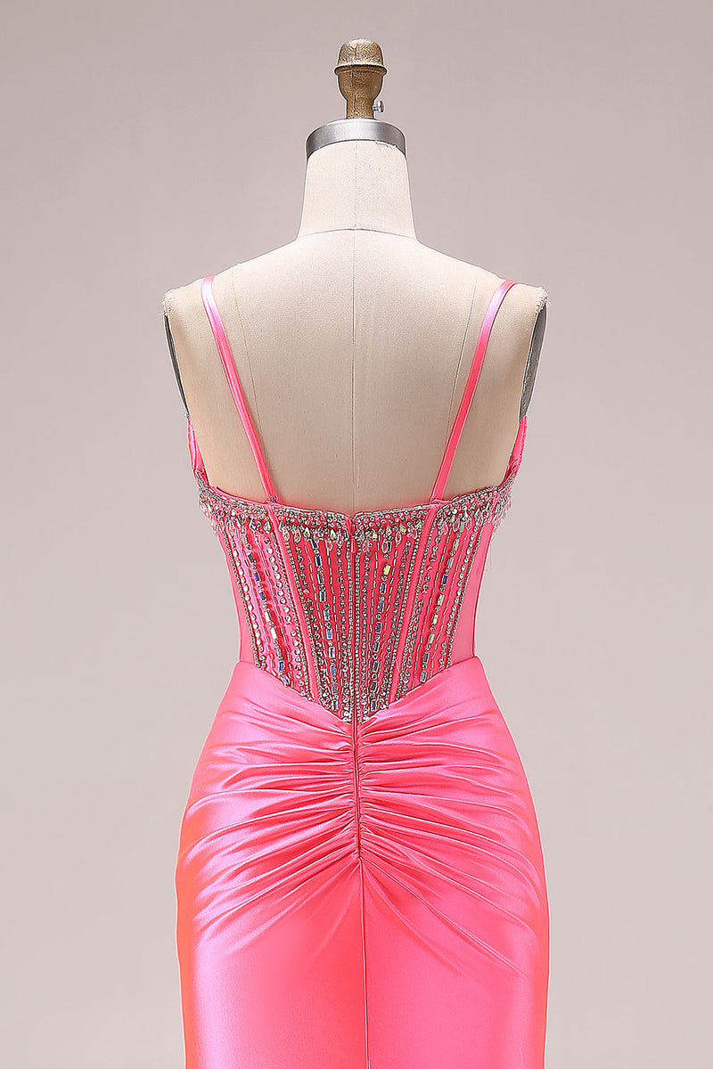 Load image into Gallery viewer, Sparkly Bright Pink Mermaid Corset Ruched Long Prom Dress with Slit